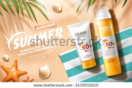 Sunscreen ads at relax summer beach scene in 3d illustration, top view angle