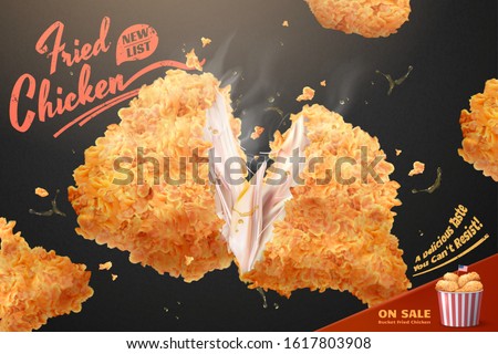 Yummy fried chicken bucket ads on black background in 3d illustration