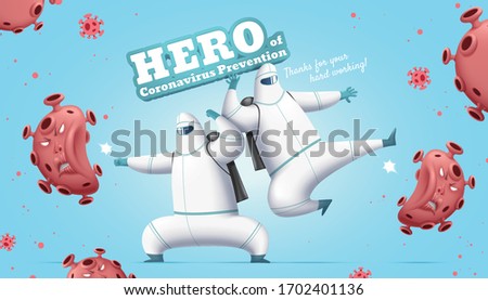 People in hazmat suits showing kung fu and driving the bad virus off, Fight against COVID-19 concept blue background illustration