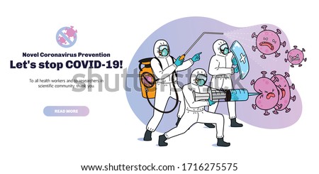 Web banner design for COVID-19 prevention, 3 men in hazmat suit defeating the virus with disinfectant sprayer, syringe and shield