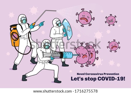 Poster design for COVID-19 prevention, 3 medical workers in hazmat suit defeating the virus with disinfectant sprayer, syringe and shield