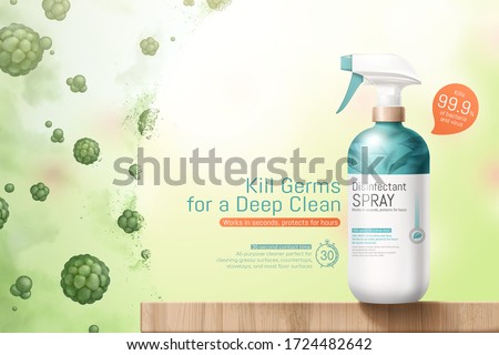 Disinfectant spray ad template, realistic bottle mock-up set on wooden table with shield protecting against bad germs, 3d illustration