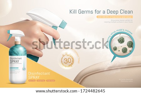 Realistic hand holding trigger spray bottle to disinfect couch armrest, disinfectant spray ad template, 3d illustration
