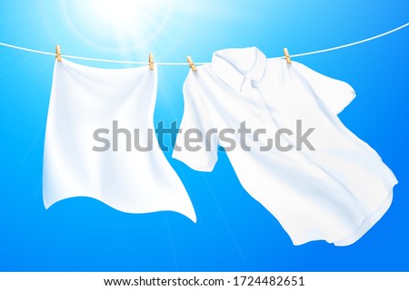 Clean and white clothes hanging on washing line against blue sky, 3d illustration