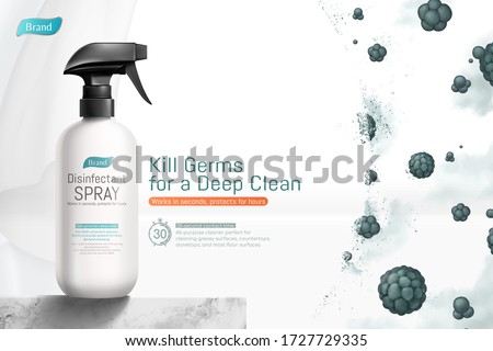 3d illustration of disinfectant spray ad template, realistic bottle mock-up set on marble table with shield protecting against bad germs