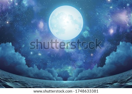 Surreal seascape with beautiful nebula, silver full moon and shimmering sea surface in fisheye view, 3d illustration
