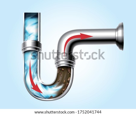 3d illustration effect of powerful chemical agent unclogging dirty water pipe, isolated on light blue background