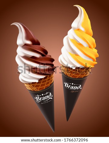 Mango and chocolate double flavor soft serve ice cream cone in 3d illustration