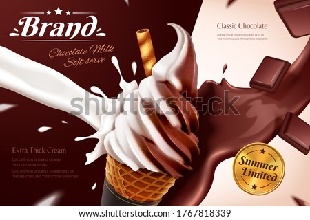 Chocolate soft serve ice cream cone ads with flowing syrup effect and chocolate pieces in 3d illustration