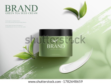 3d illustration green tea seed cream ads, product lying on brush stroke background in top view angle