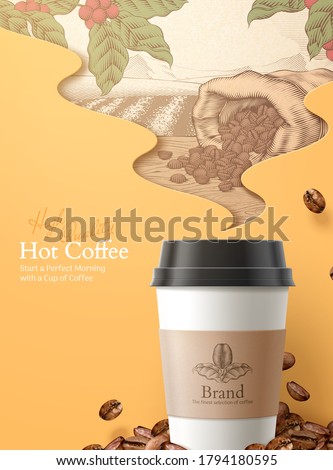 3d illustration to-go coffee ads, engraving style roasted beans and coffee fruit ingredients in the smoke shape background