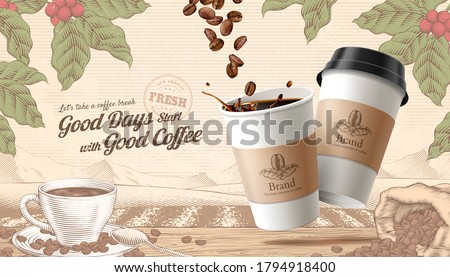 3d illustration to-go coffee ads, engraving style rustic scene background with roasted beans and cup on wooden table
