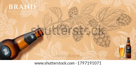 Wheat beer bottle in 3d illustration lying over retro style hops engraving design background