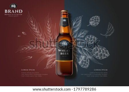 Wheat beer bottle in 3d illustration over malt and hops engraving design on brown and grey background
