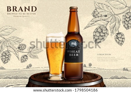 Wheat beer bottle and glass on wooden barrel in 3d illustration over engraved countryside background