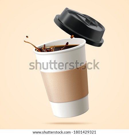 Paper cup filled with black coffee in 3D over beige background