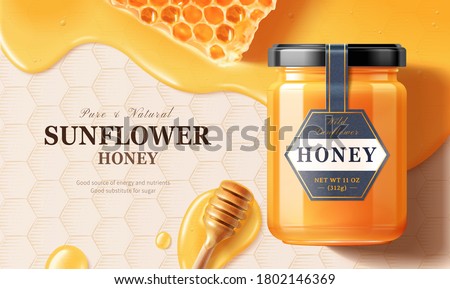 Flay lay of honey jar over liquid with honey dipper in 3d illustration on honeycomb engraved background