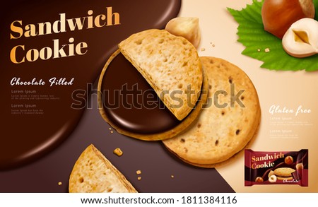 Chocolate sandwich cookie ad in 3d illustration, large close-up biscuits with chocolate spread and hazelnuts