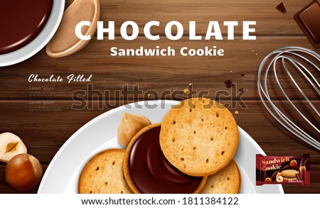 Chocolate sandwich cookie ad in 3d illustration, large close-up biscuits set on wooden table with hazelnuts and whisk