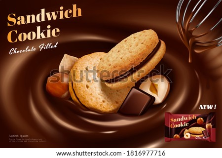 Chocolate sandwich cookie ad in 3d illustration, large close-up biscuits and hazelnuts sinking in smooth chocolate spread