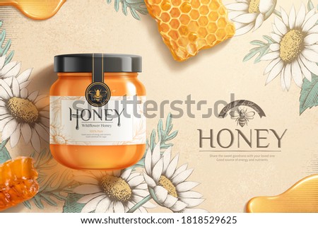 Wildflower honey ads with product flat lay on engraving style white flowers background, 3d illustration honeycombs and honey elements
