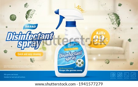 3d disinfectant spray ad template. Detergent spray bottle on blurry living room background with shield protecting against stubborn mold and germs.
