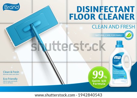 Ad template layout of bleach or floor cleaner. 3d illustration of mop cleaning dirty floor with detergent. Concept of clean shiny and no streak mopping. Stock fotó © 