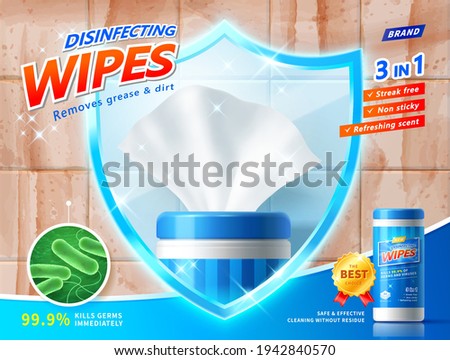 3d illustration of disinfecting wipes ad template. Wet wipe mock up framed by blue shield to protect against harmful microbes and dirty grease.