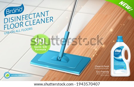 3d illustration of realistic mop cleaning floor with disinfectant detergent. Ad template layout of bleach or floor cleaner.
