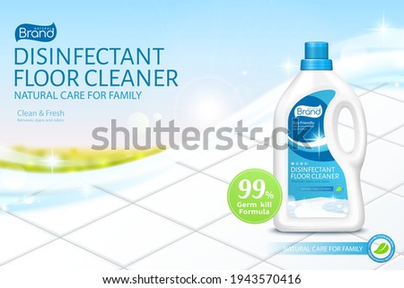 Ad template of floor cleaner. 3d bottle mock up set on shiny white tile floor with blue sky. Concept of bio natural care for home and family.