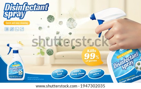 3d ad template for disinfectant spray or odor remover. Spray bottle held in hand spraying liquid to kill germs and viruses in the living room.