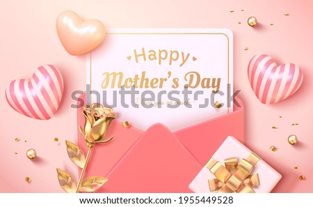 Layout design of envelope, heart shape, golden rose and gift box viewed from above. 3d background for Mother's day, Women's day and wedding invitation.