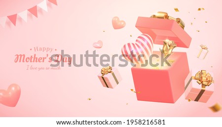 3d pink banner background for Mother's day and Valentine's Day. Composition design with open gift box, heart shape and golden rose.