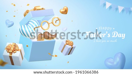 3d Father's day sales poster design. Illustrated with the opened gift box along with some festive decorations. Concept of sending love and surprise for dads. ストックフォト © 