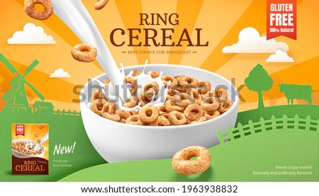 3d ring cereals or cheerios ad template. A bowl of cereals with pouring milk splashes. Paper cut farm landscape silhouette background. Concept of healthy breakfast.