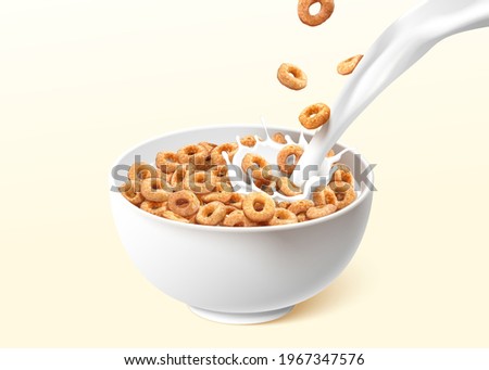 A bowl of ring cereals or cheerios with pouring milk splashes. 3d realistic food element isolated on light yellow background.