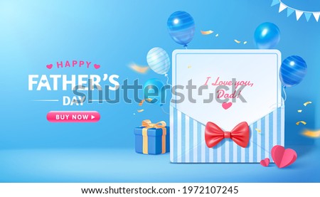 3d sale promo banner for happy Father's Day. Layout design of blue stripe envelope with flying balloon decorations. Concept of gratitude for dads