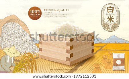 Template of rice product ad. 3d mockup of steamed rice in the wooden container. Engraving sketch of sheaves of straw on a paddy field, and a farmer harvesting. Chinese translation: milled rice