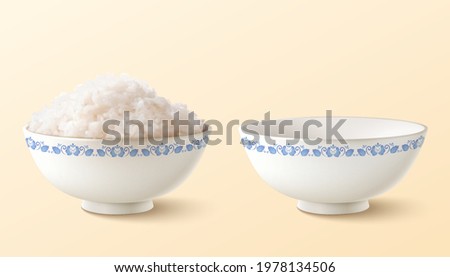 3d illustrations of blue pattern ceramic bowls. One filled with steamed rice and one without