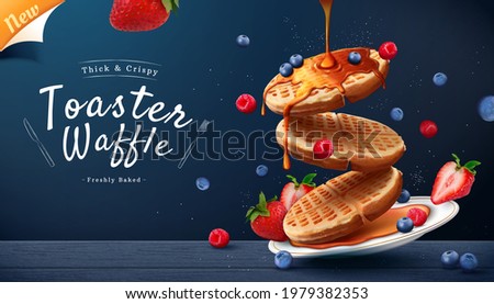 Toaster waffle ad on blue wooden table background in 3d illustration. Maple syrup pouring on thick and crispy waffles with berry fruits