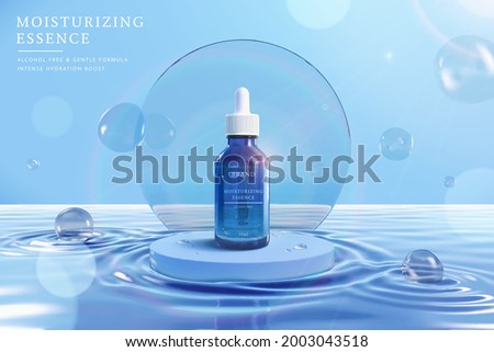 3d hydrating moisturizer banner ad. Illustration of a cosmetic droplet bottle displayed on the podium floating on the wavy ripple water background