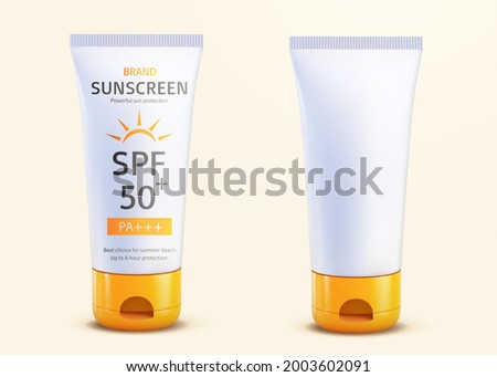 3d summer sunscreen tube mockup. Elements of sunblock container with orange flip cap. Product used for UV protection, personal skincare