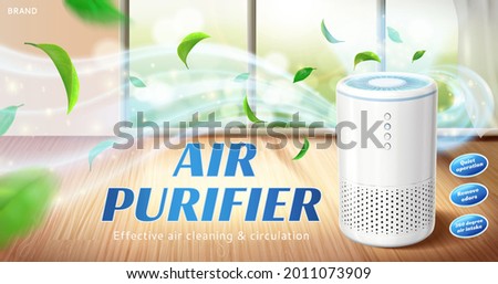 Home air purifier ad. Fresh air flows out of air cleaner appliance in living room space