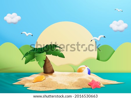 3d illustration of small island with a palm tree, seashell, starfish and beach ball on sand. Papercut style sun and mountains in background