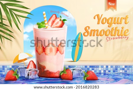 3d strawberry yogurt smoothie promo. A glass of strawberries milkshake with ice cubes in swimming pool