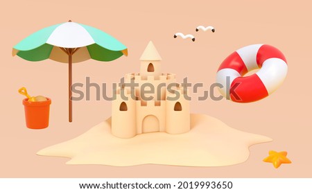 3d summer beach objects. Illustration of sand castle, umbrella and swim ring, etc.