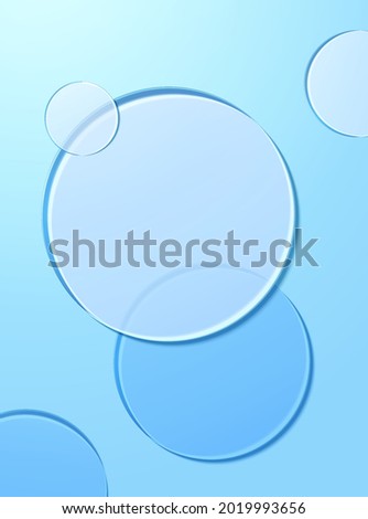 3d minimalist clear blue backdrop. Illustration of glass disks in top view  for watery cosmetic product display