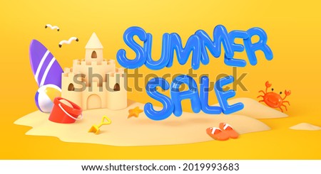 3d summer sale banner. Illustration of sand castle with beach objects and balloon text of summer sale on yellow background
