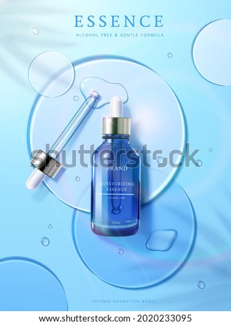 3d face essence cosmetic ad. Illustration of light-textured and moisturizing face serum on transparent circle disks