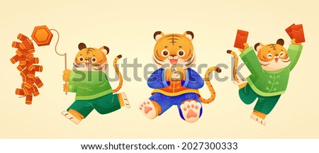 Cute tigers of CNY zodiac animals. Hand-drawn illustration of three chubby tigers in traditional costume playing firecrackers, cupping hand in greeting, and receiving lucky money Spring Festival